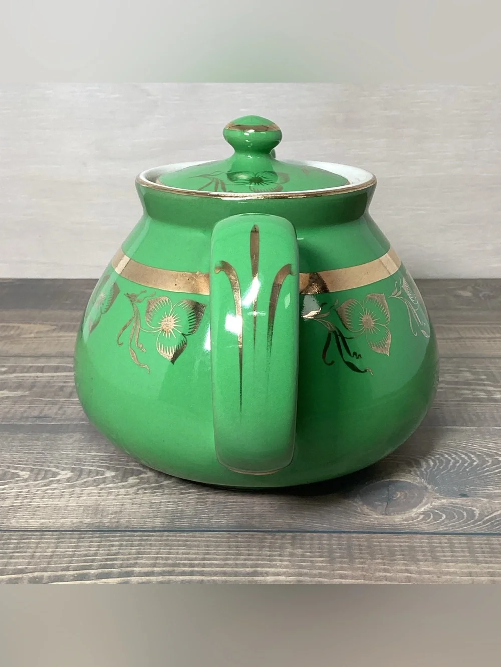 Vintage Hall China Pottery 6 Cup Teapot 032 Emerald Green & Gold 5.5x9